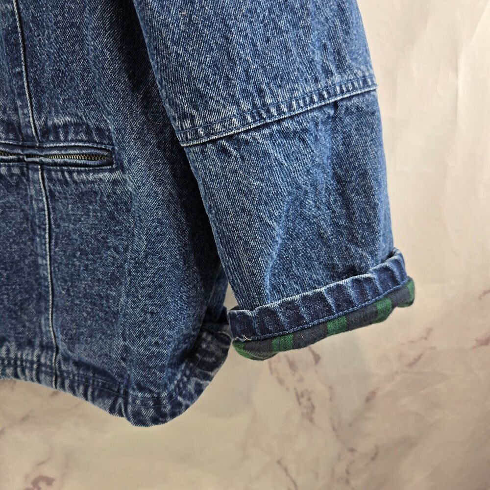 Vintage Denim Jacket Womns 3X Jean 80s 90s Flannel Lined Green Plaid Dark Medium - Picture 4 of 12